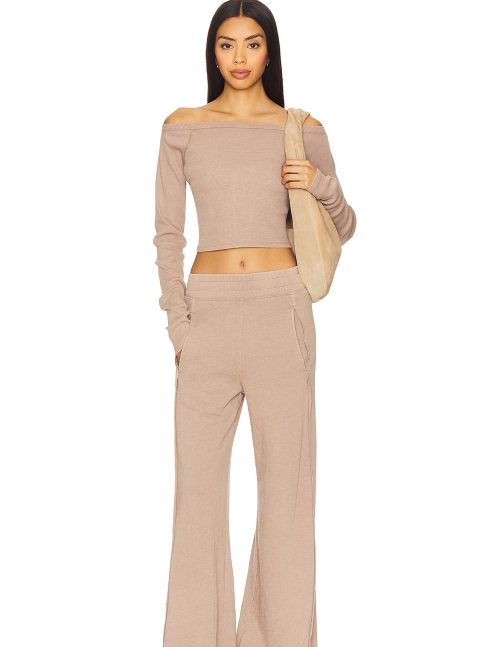 Free People Taupe Off-Shoulder Crop Top & Wide-Leg Pants Set